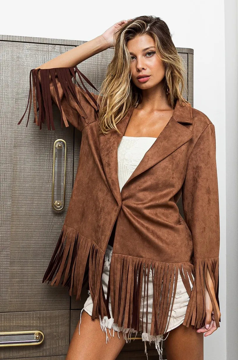 Suede Single Blazer with Fringed Hem