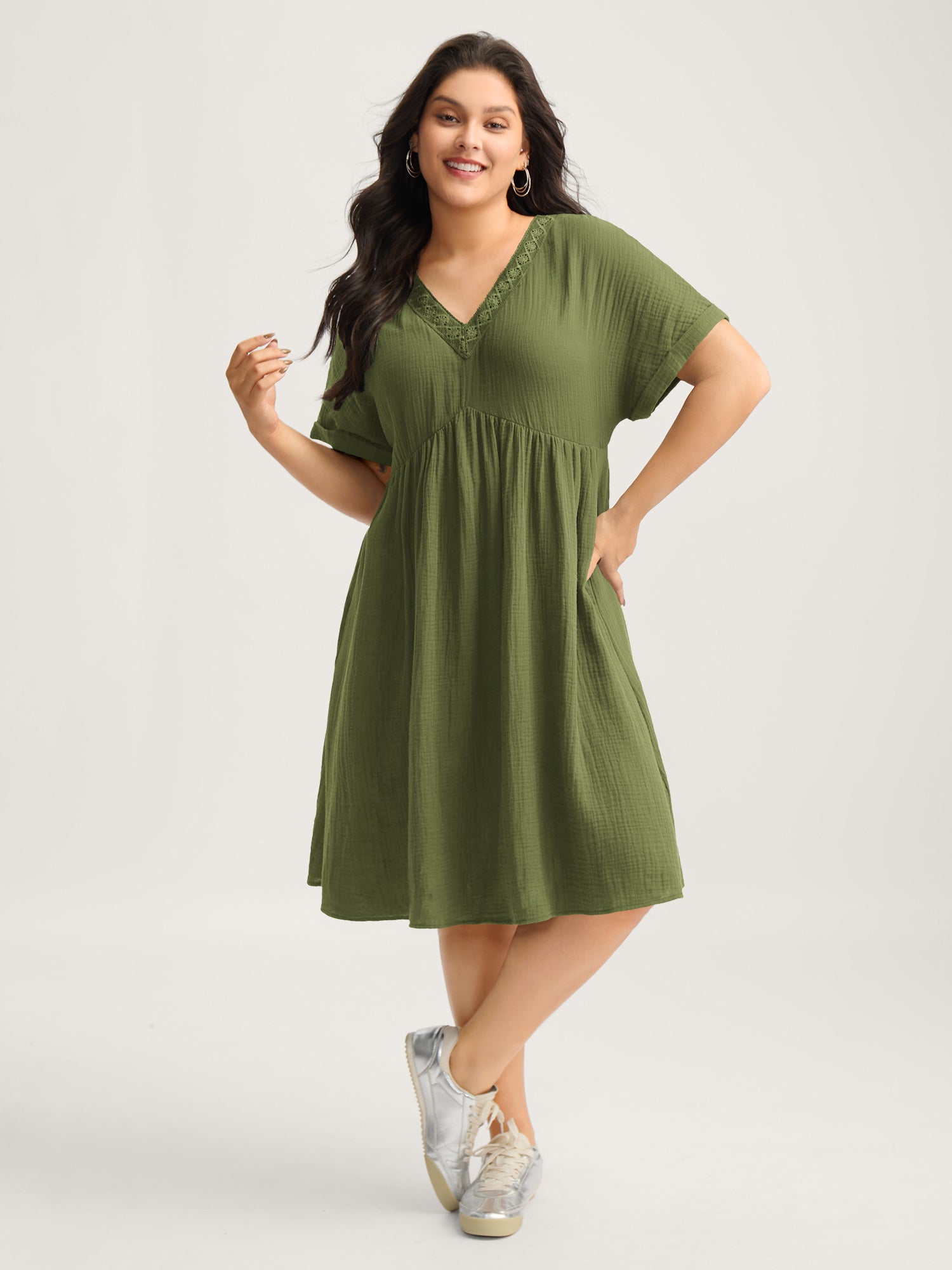 Pure Cotton Lace V-Neck Solid Mini Dress