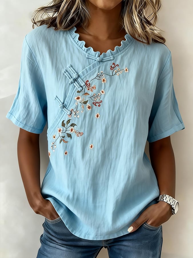Women'S Casual Color-Blocked Embroidered Short-Sleeved Top- Fast Shipping