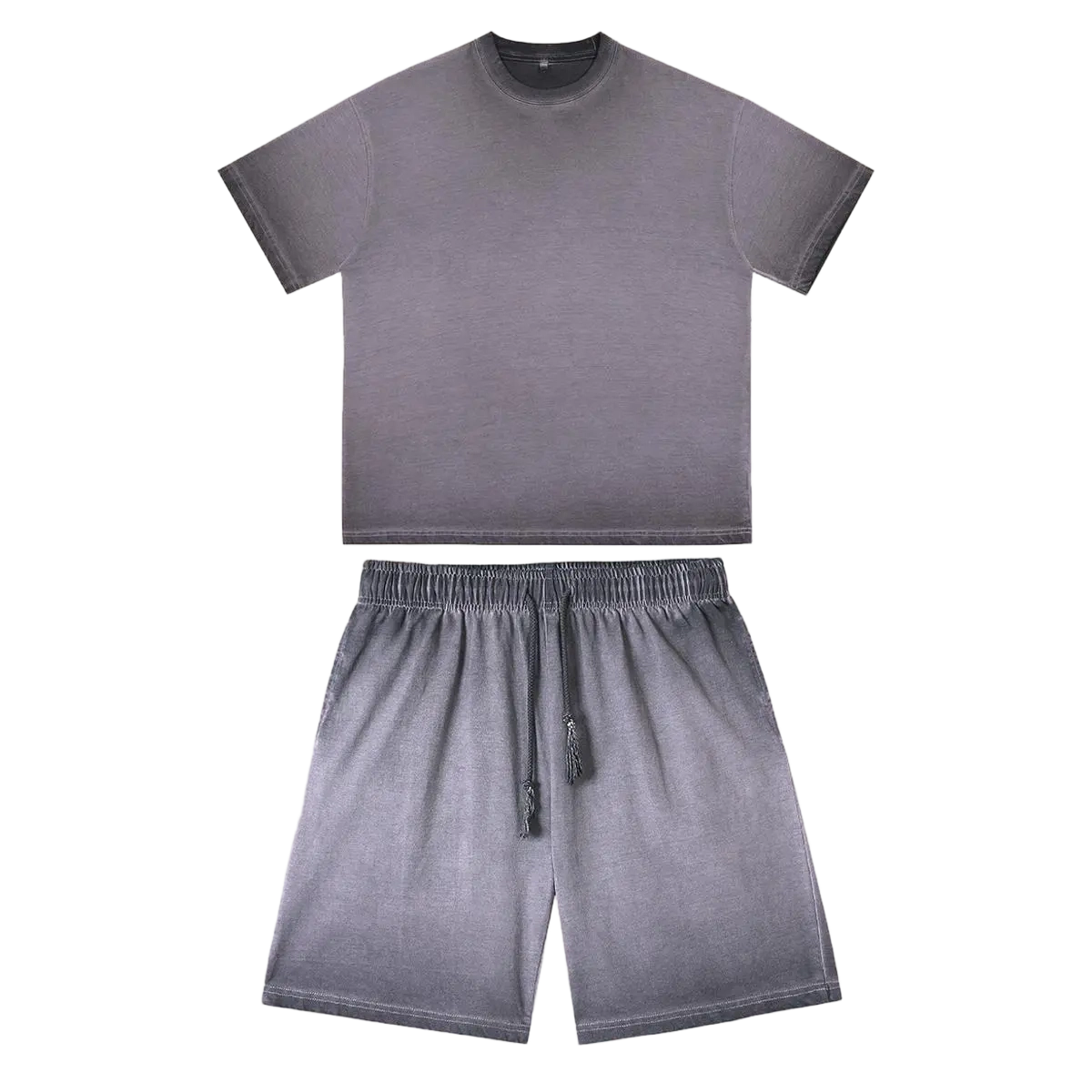 Fashion Tshirt & Shorts Set Summer Washed Cotton Dirty Washed Trendy Gradient Color Men's and Women's Suits, Short-sleeved Tops Paired with Shorts, Retro Outfits.