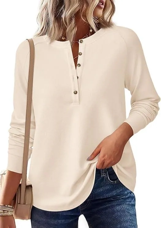 Women's Button Up Waffle Top Long Sleeve Knit Shirts Fall Casual Henley V Neck Tunic Tops