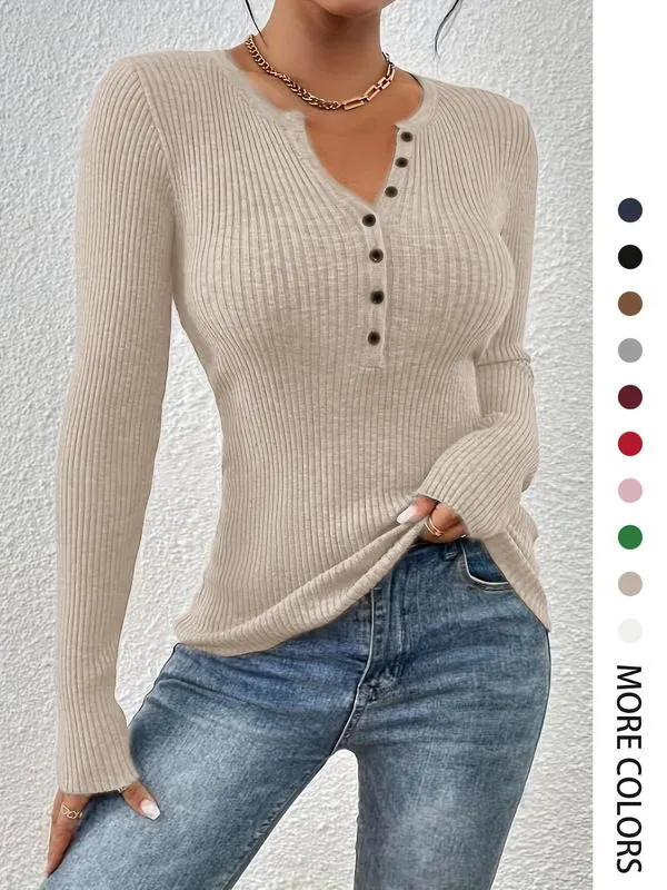 Women'S Plain Button Front Ribbed Sweater Tops