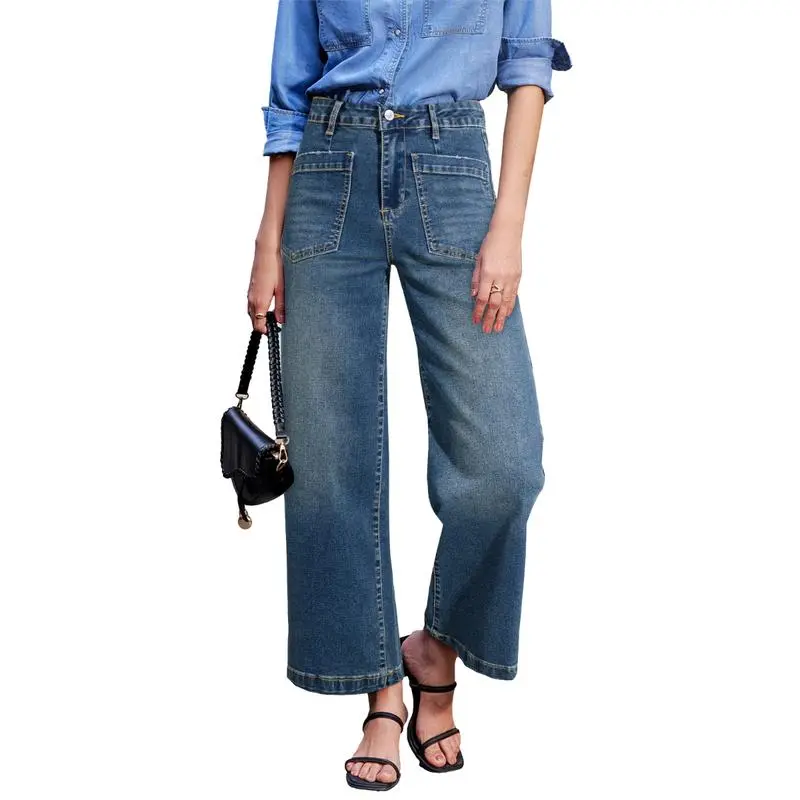 Women's Wide Leg Jeans High Waisted Stretchy Jeans Straight Leg Loose Fit Zimbaplatinum Ankle Denim Pants