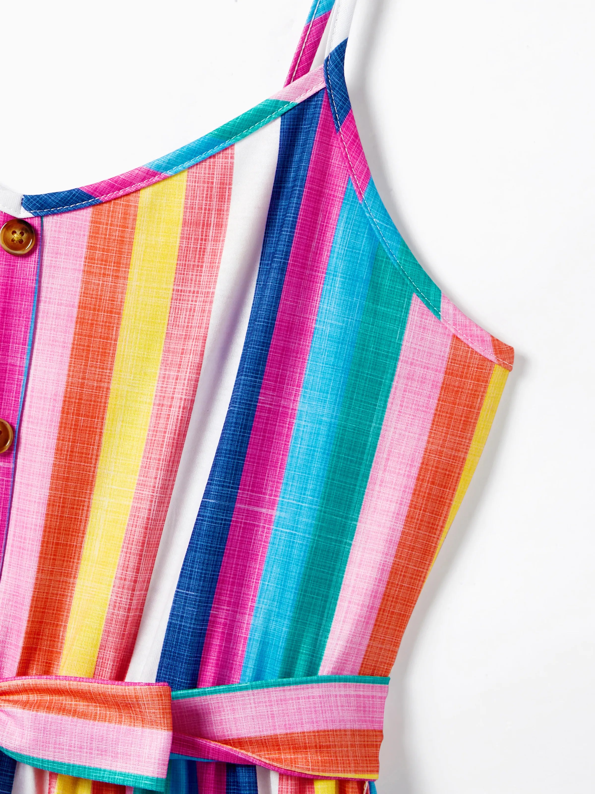 Family Matching Multi-Color Stripe T-shirt and Ruffle Hem Button Strap Dress Sets COLOREDSTRIPES