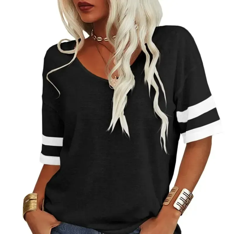 Women Soft V Neck Tshirt Half Sleeve Lightweight Solid Color Loose Fit Minimalist Top