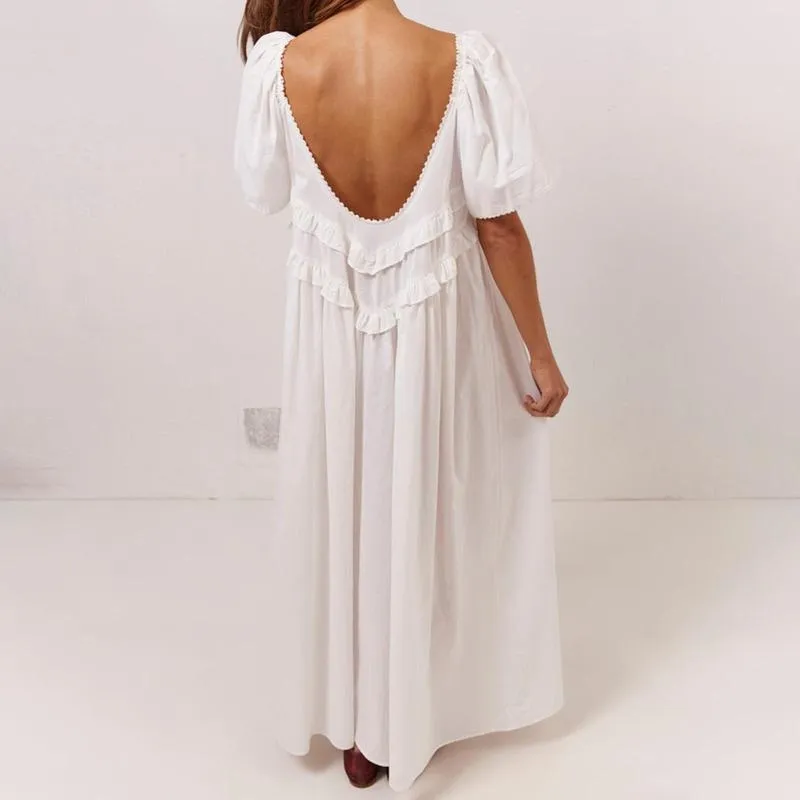 Women Long Dress Elegant Short Sleeve Low-Cut Backless(Just $3 Each!)