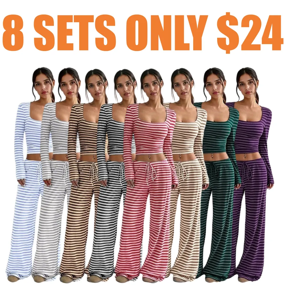 Women's Stripe Square Neck Long Sleeve Crop Top & Wide Leg Trousers Set