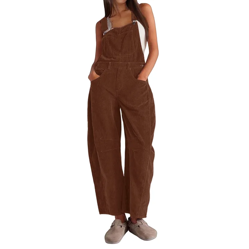 Women Barrel Wide Leg Bib Corduroy Pants