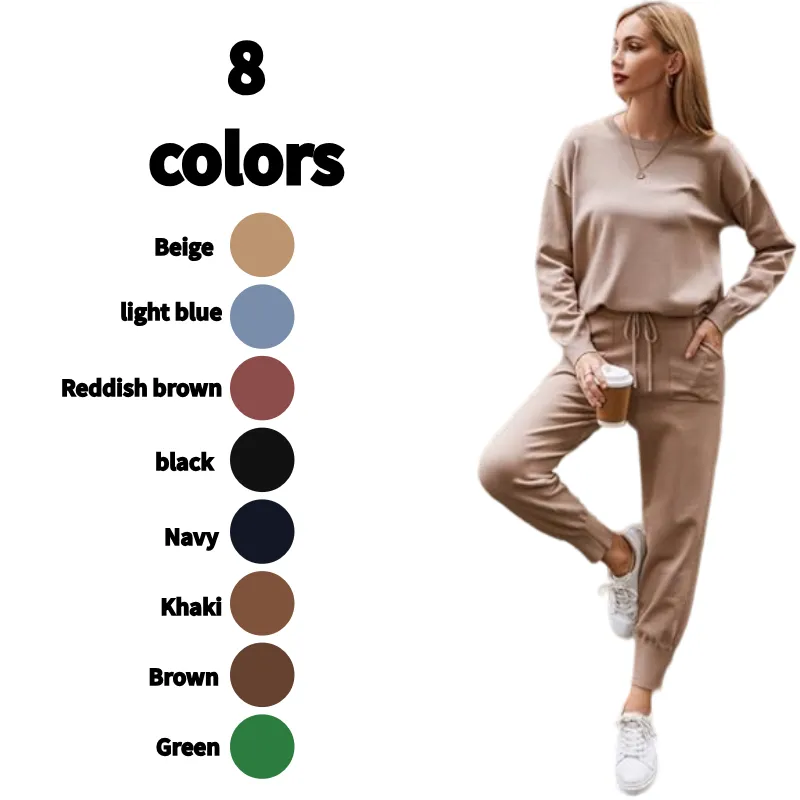 Women's Long Sleeve Knit Loungewear Set Jogger Pants Outfit