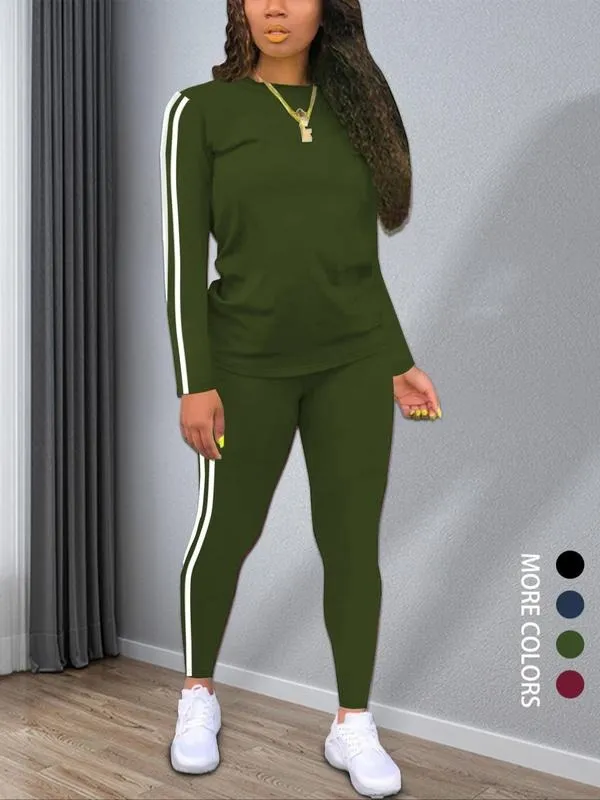 Women's Striped Print Long Sleeve Top & Pants Two-piece Set