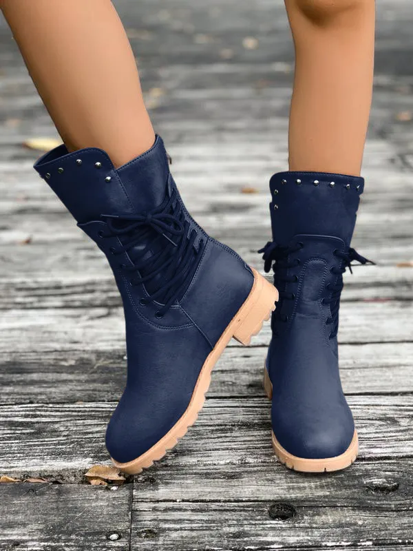 Women's Fashion Solid Color Lace-up Ankle Boots