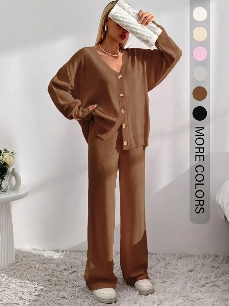 Women's Solid Button Front Drop Shoulder V Neck Cardigan & Elastic Waist Wide Leg Pants Two-piece Set, Matching Clothing Set