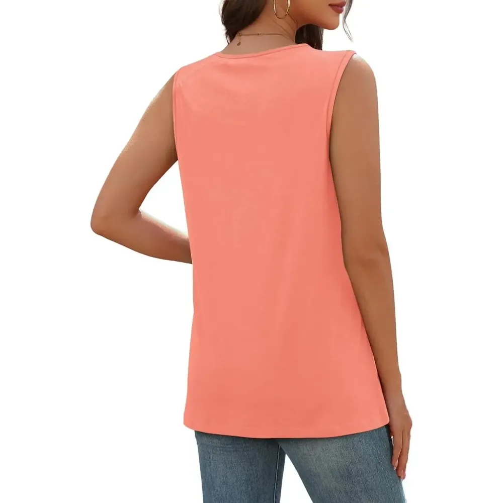 Women Summer Button Down V Neck T Shirts Sleeveless Loose Fit Fashion Tops