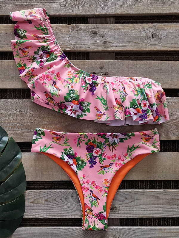 One-Shoulder Falbala Floral Print Padded Bralette High-Waisted Bikini Swimwear