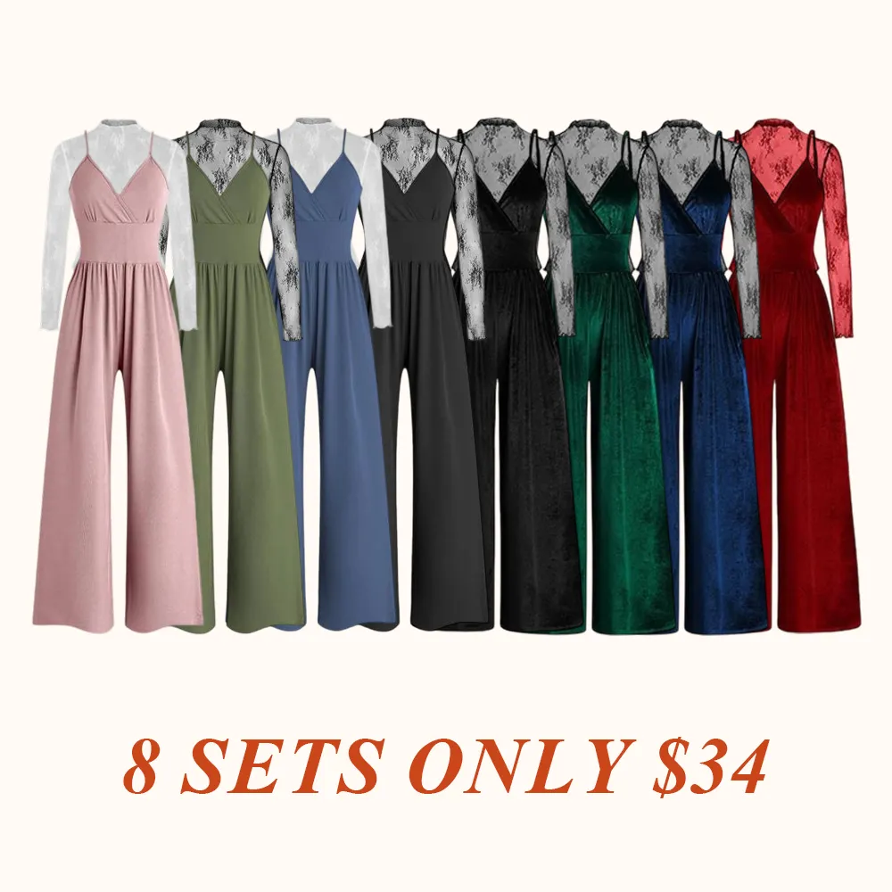 Women's Solid Color Lace Tee & Pocket Jumpsuit Two-piece Set