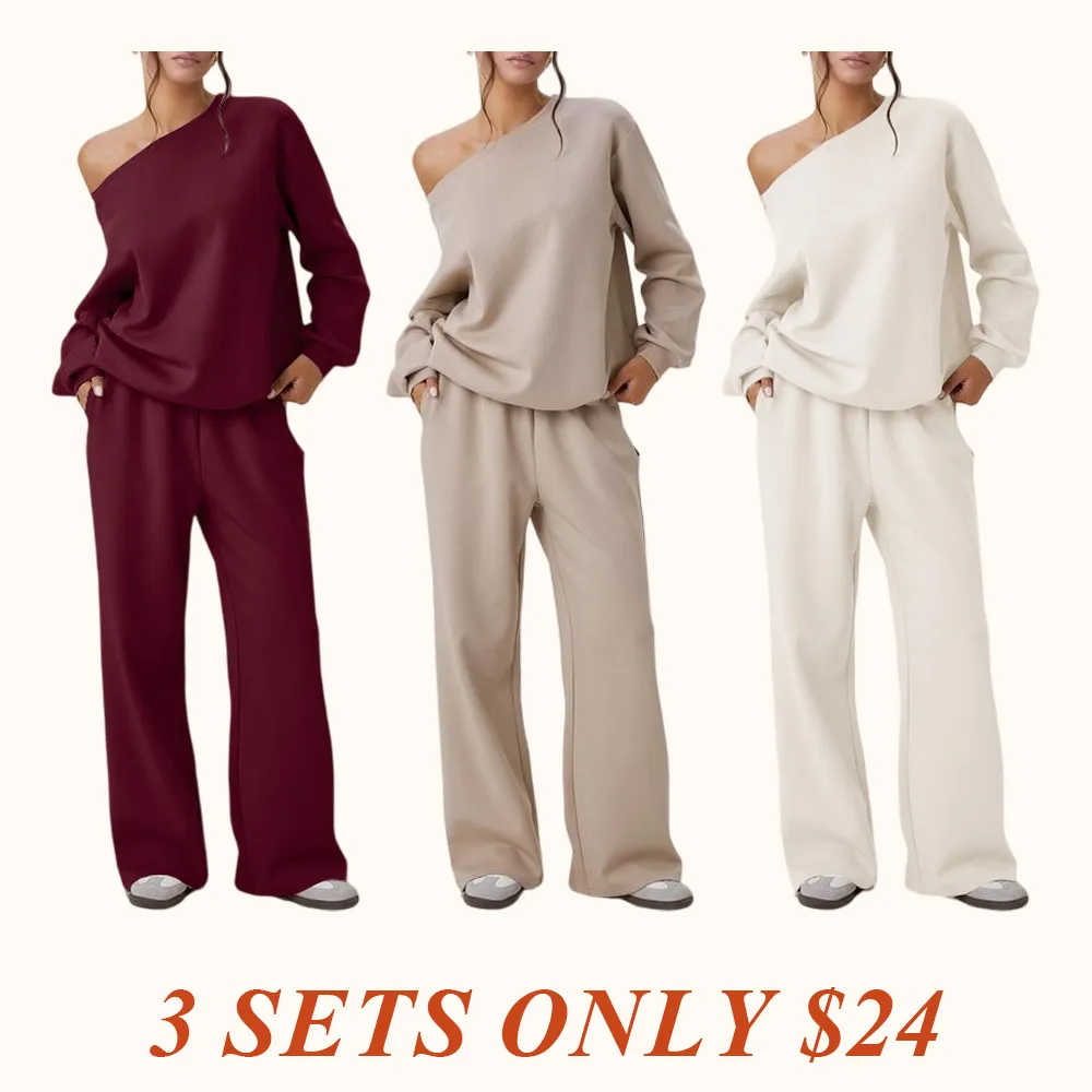 Women's Leisure Solid Color Sloping Shoulder Long Sleeve Top & Wide Leg Trousers Co-ord