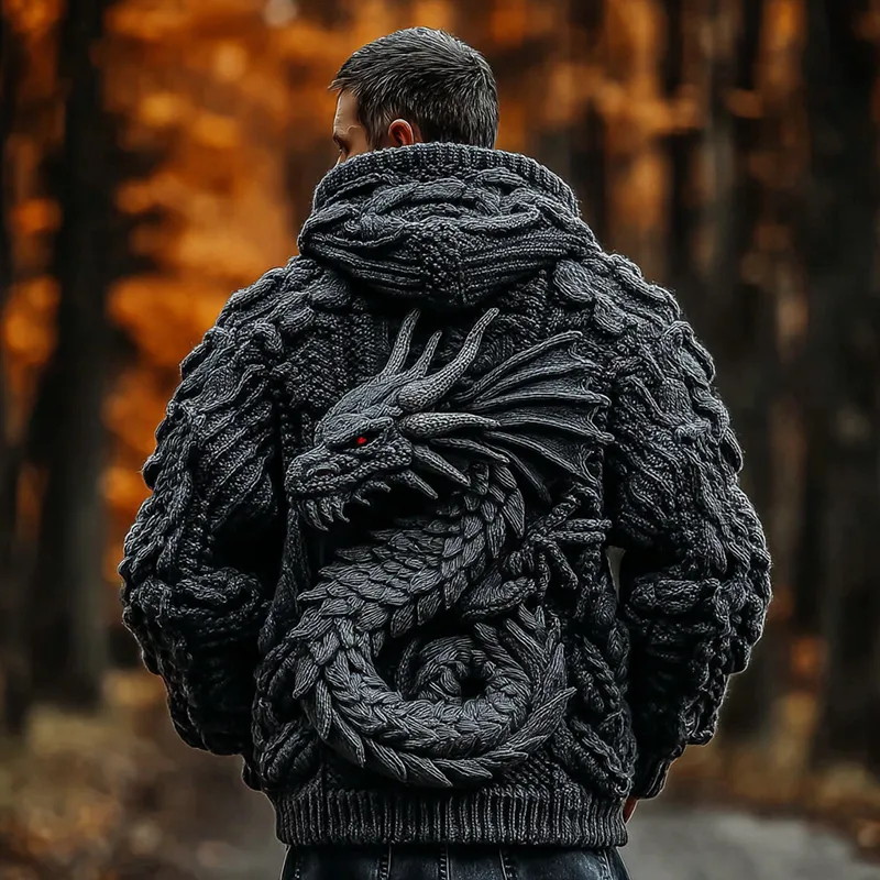 Men's Viking Dragon Totem Chunky Knit Hooded Cardigan