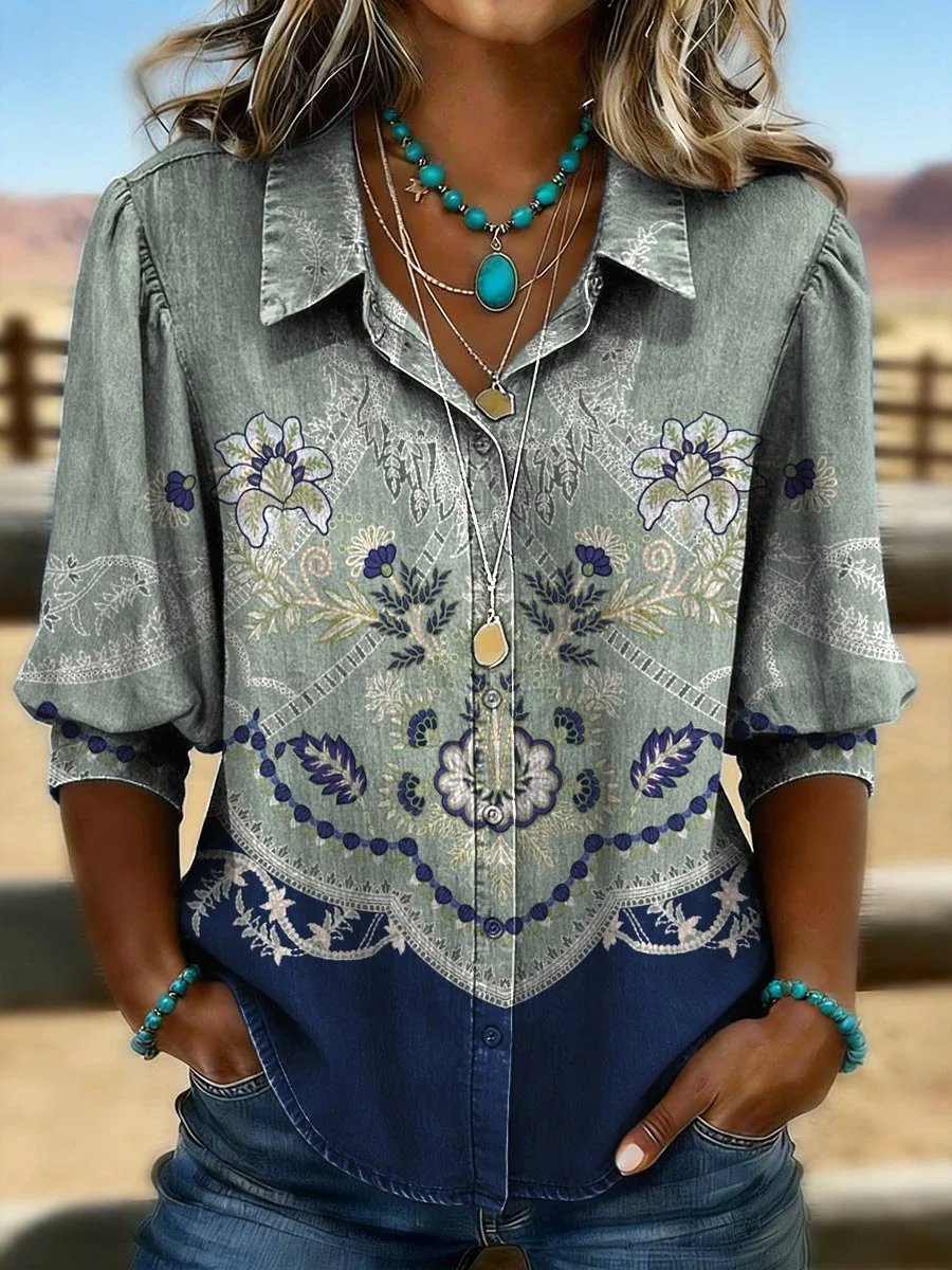 Retro Print Casual Puff Sleeve Shirt