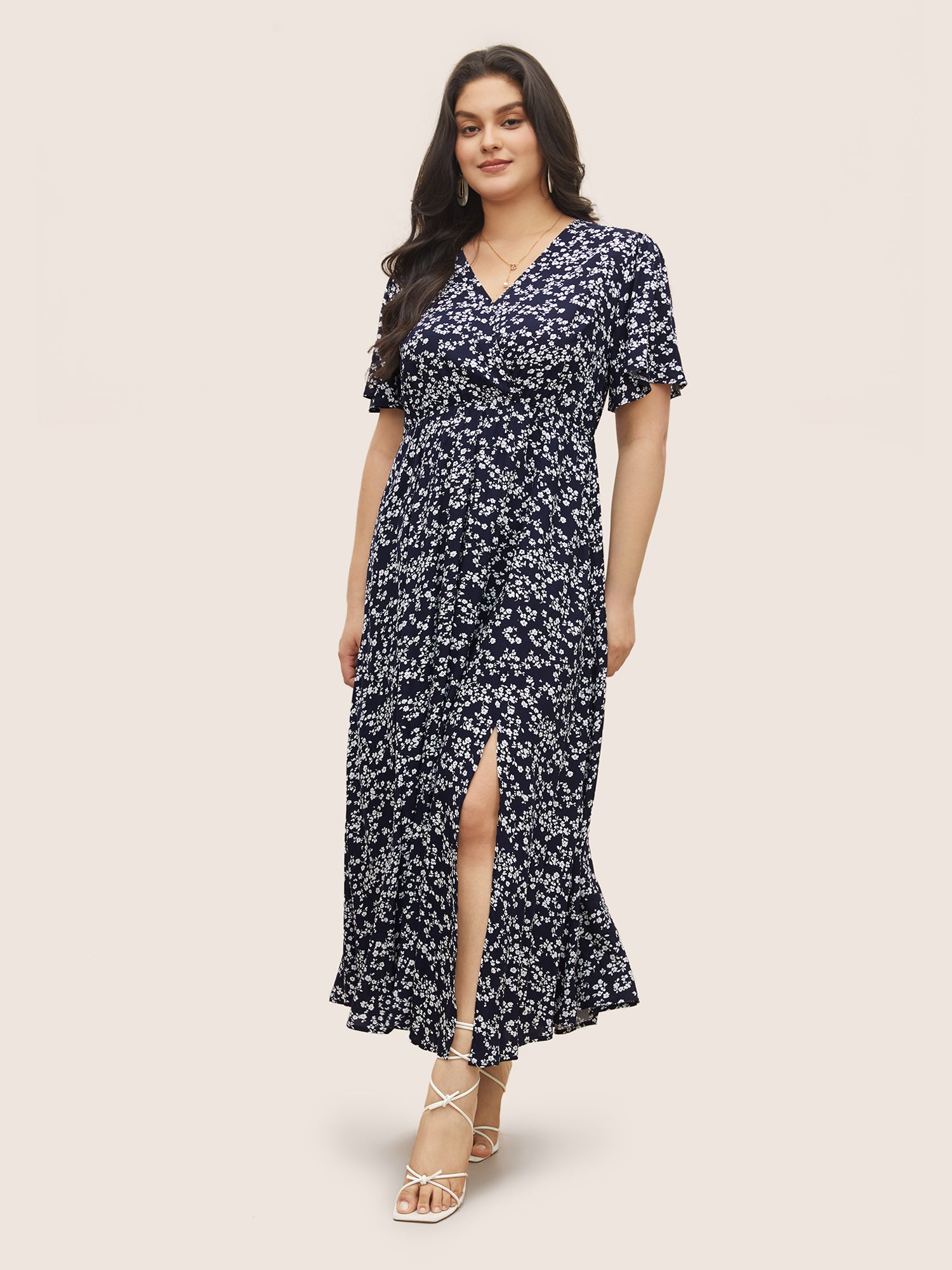 Bloom Dress - Flutter Sleeve Ditsy Floral Pocket Split Maxi Dress