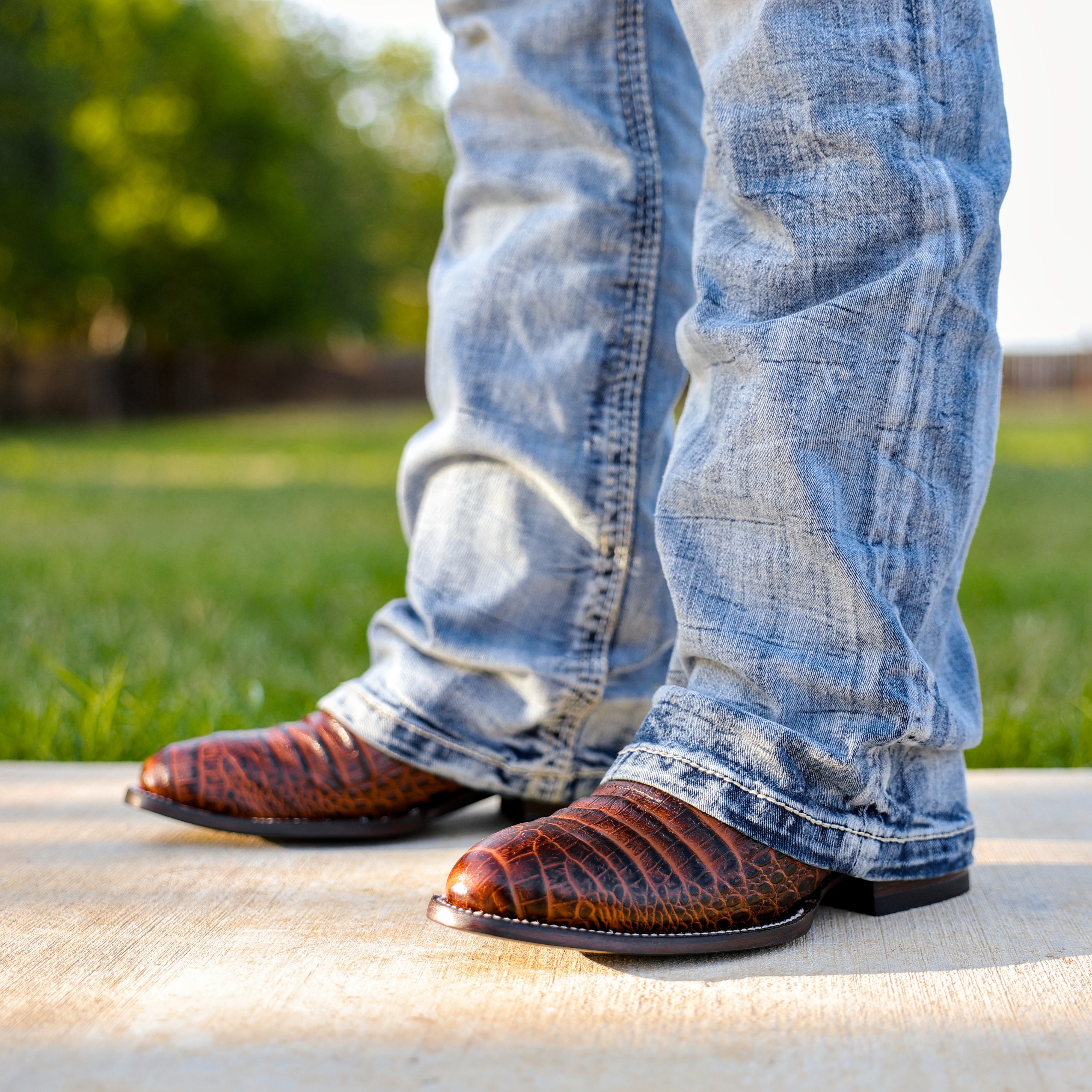 Cognac Caiman Belly Leather Boots - Round Toe
