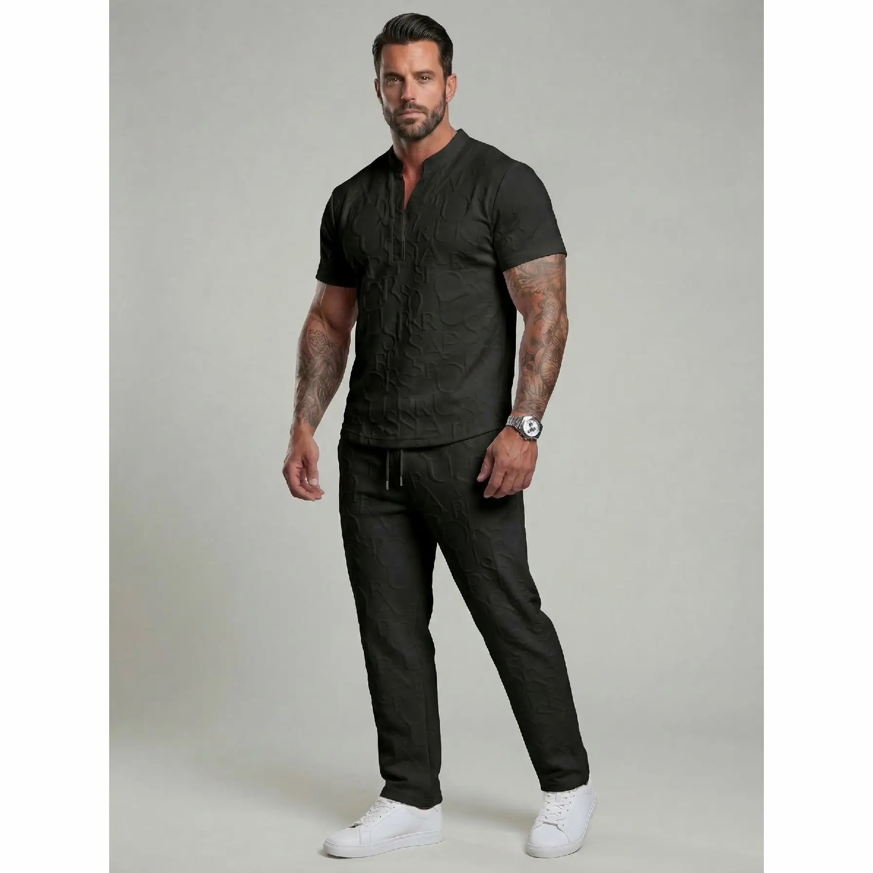 Men's 2-Piece Textured Tee & Drawstring Pants Set – Casual Spring & Fall Outfit