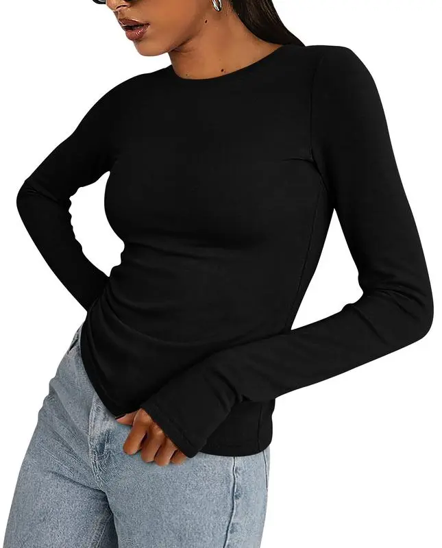 Women's Casual Long Sleeve Crew Neck Top - Slim Fit Basic Going-Out Blouse for Summer & Fall