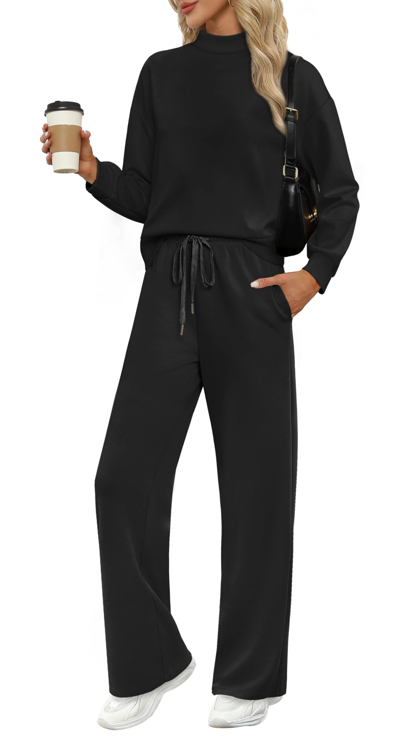 WIHOLL Two Piece Sets for Women Fall Outfits Lounge Sets Mock Neck Tops Wide Leg Pants Vacation Travel Airport Outfits