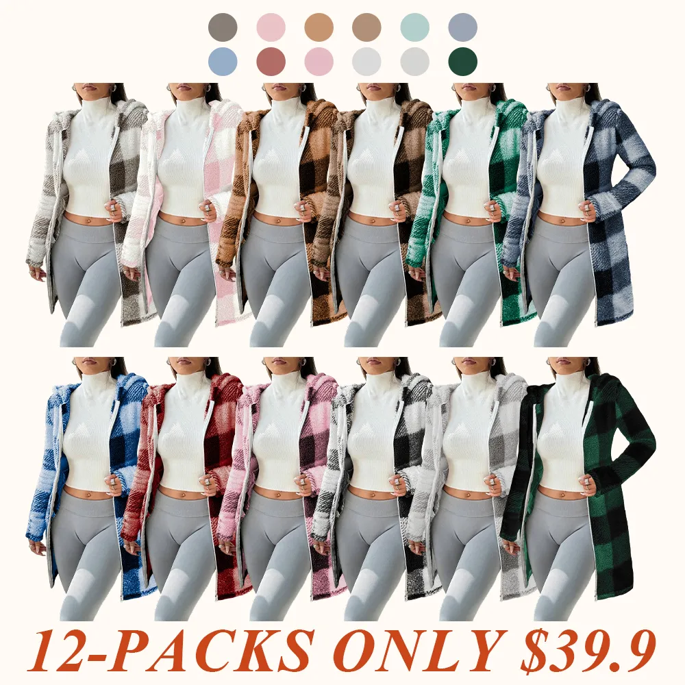 Women's Plaid Fleece Long Sleeve Hooded Coat