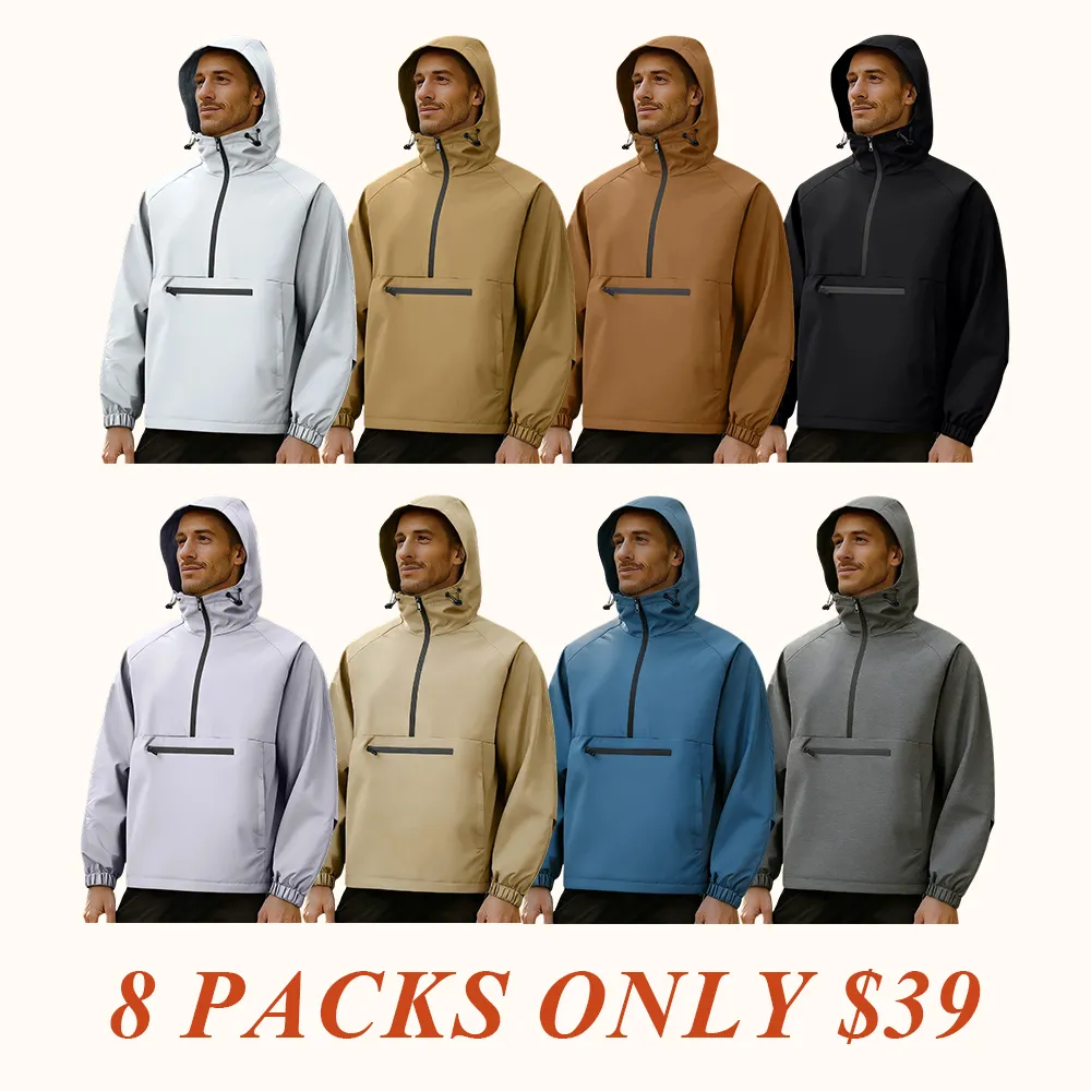 One black half-zip pullover with hoodie, outdoor camping style, large pockets, made of stain-resistant fabric