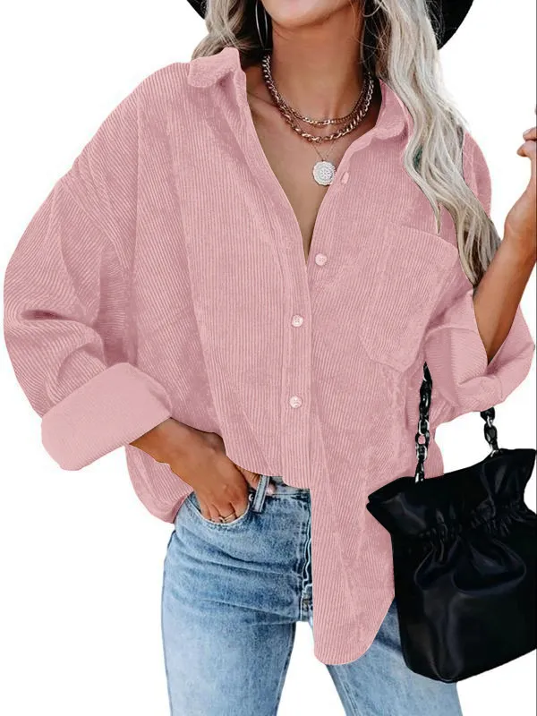 Women's Plain Pocket Button Front Corduroy Shirt