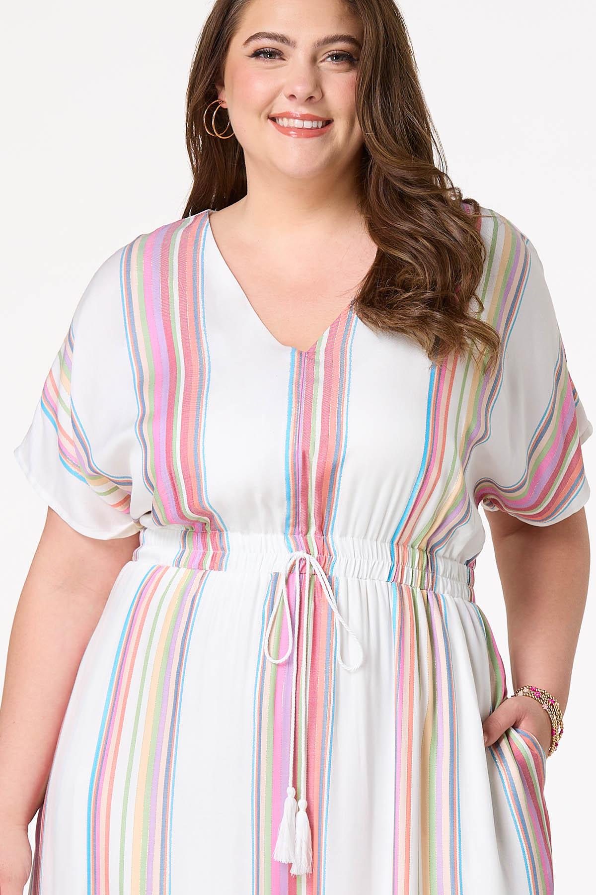 Plus Size Multicolor Striped Tassel Waist Dress