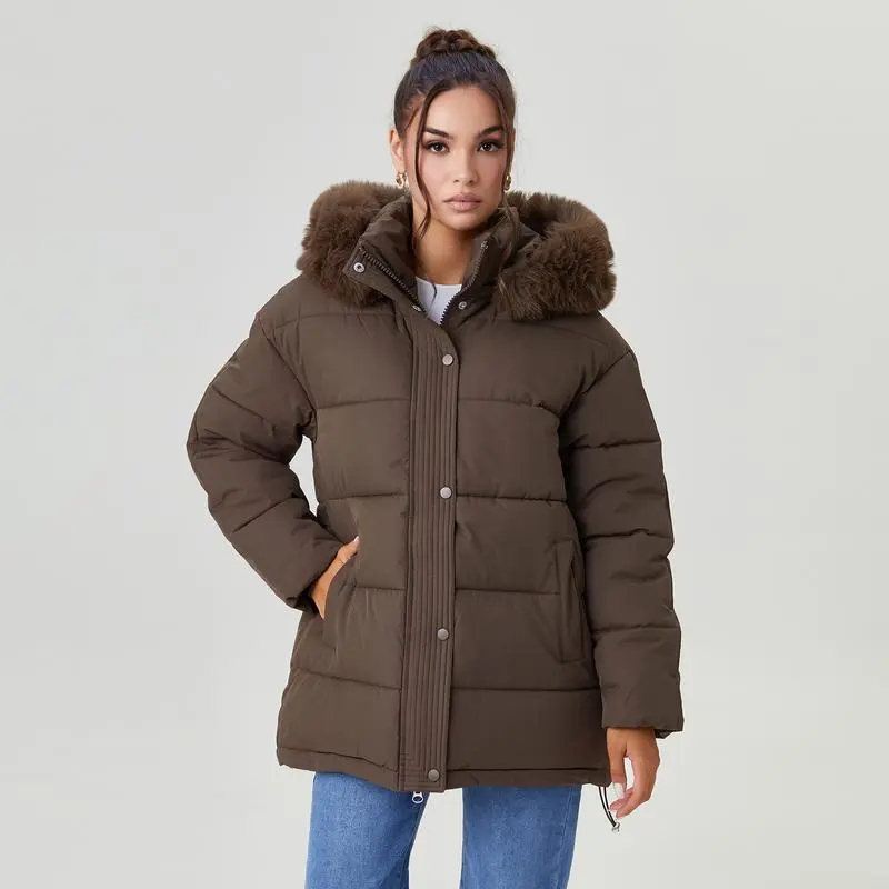 Women's Versatile Solid Color Fluffy Hooded Zip-Up Belt Decor Cotton Coat