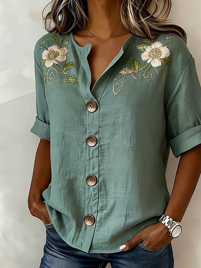 Women's Casual Embroidered Short-Sleeve Cotton-Linen Top