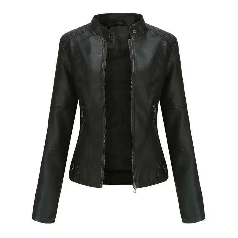 Women's Slim Fit Faux Leather Jacket Stand Collar Motorcycle Style Spring Autumn