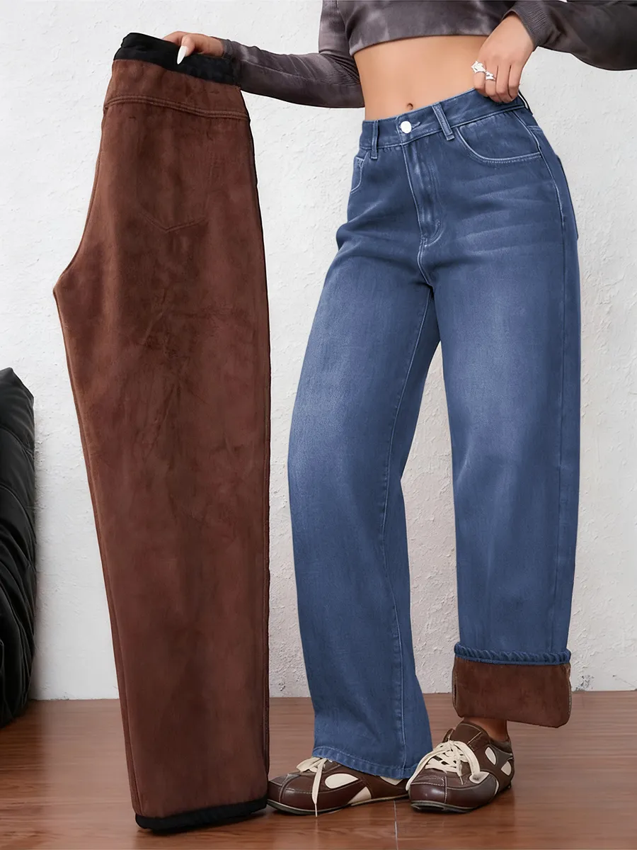 Women's Vintage Fleece-Lined Thickened Fall Winter Wide Leg Jeans