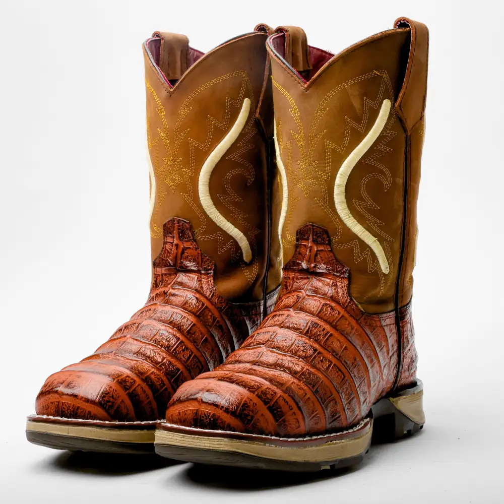 Cognac Caiman Belly Leather Boots With 3D Lightweight Sole - Composite Toe