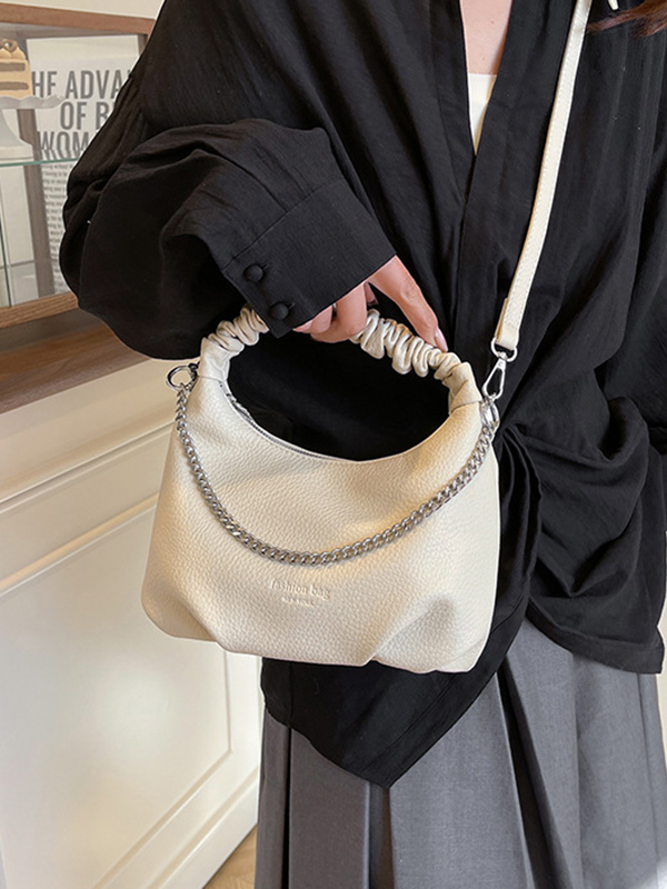 Chains Pleated Solid Color Zipper Handbags Crossbody Bags