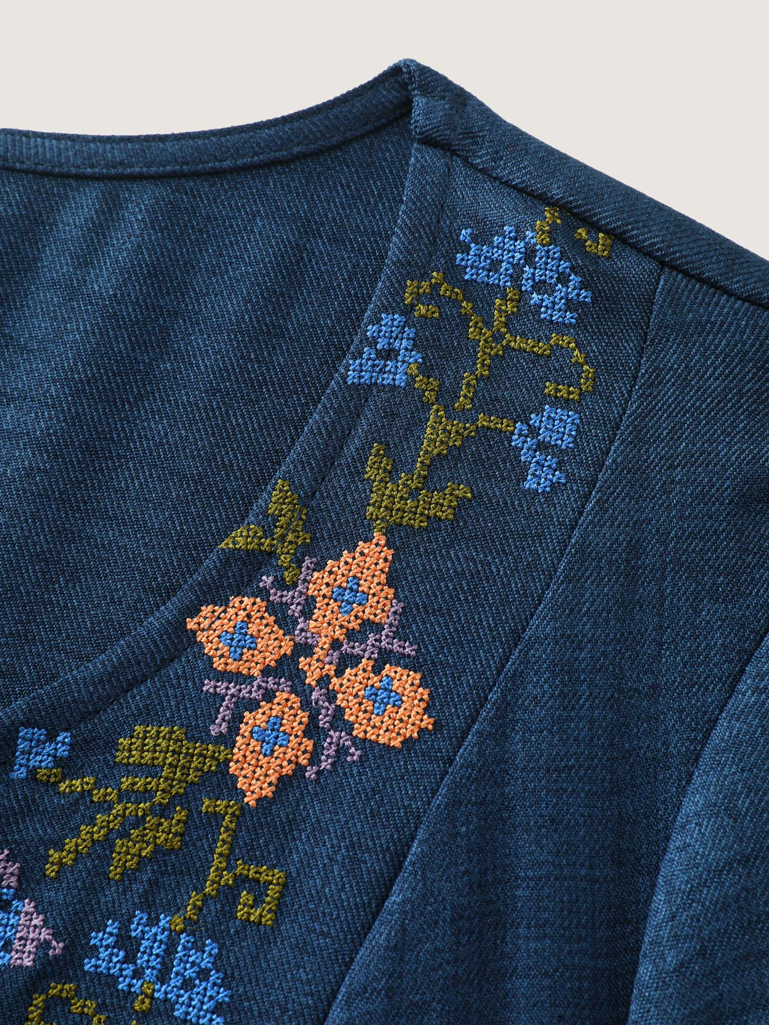 Floral Embroidered Neckline Textured Mini Dress