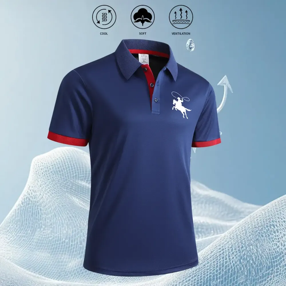 Men's Summer Short Sleeve Polo Shirts with Stylish Contrasting Striped Neckline for Casual Wear Masculine Top