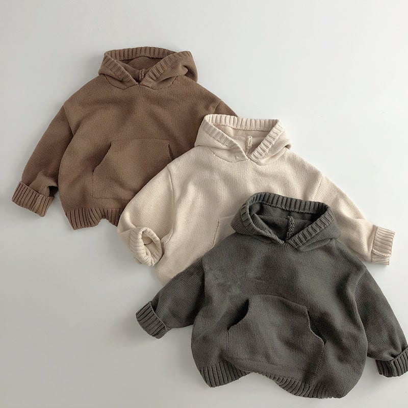 Toddler Solid Color Hooded Knitted Pocket Sweater