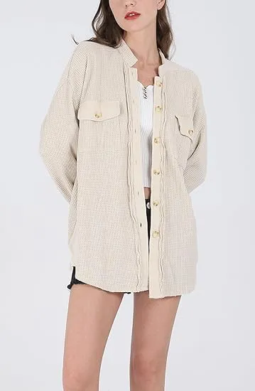 Women's Loose Fit Batwing Sleeve Waffle Knit Button Down Shirt Shacket Tops