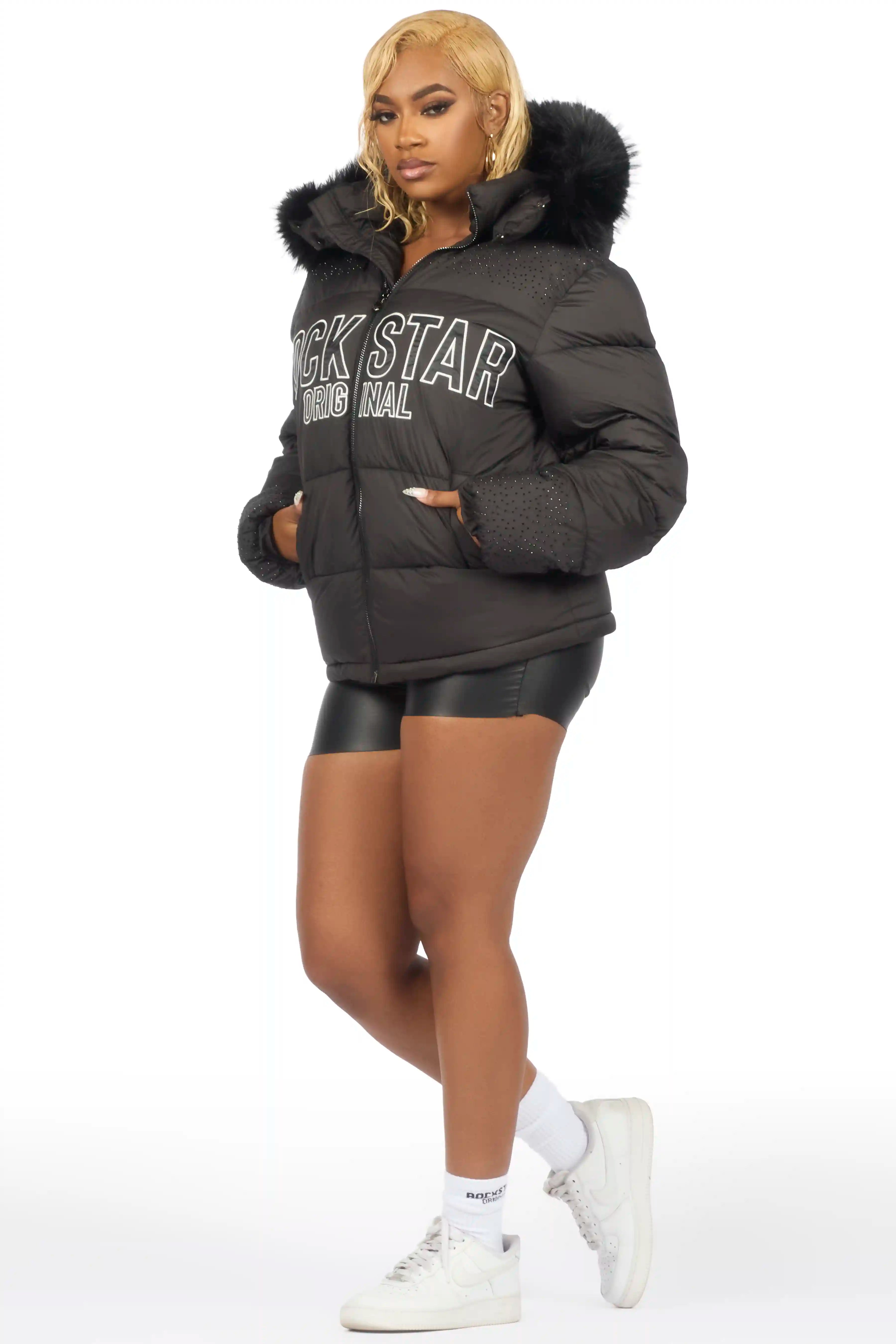 Natia Black Oversized Rhinestone Puffer Jacket