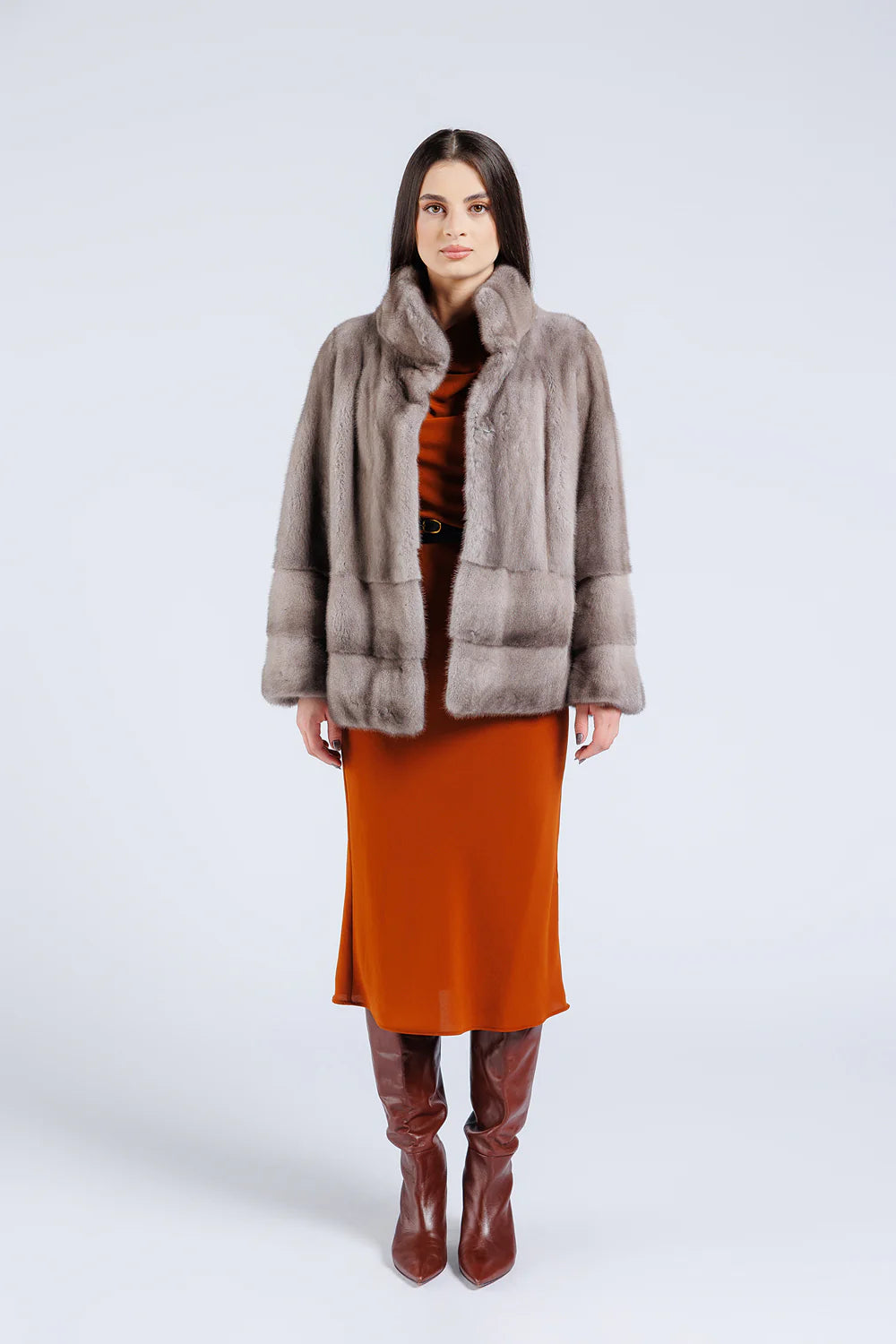 Haină din Blană Naturală de Vizon, Mâneca Clopot, Femei, Silver Blue 227