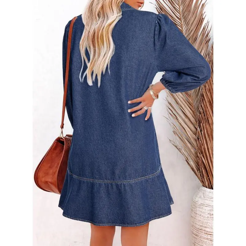 V Neck 3/4 Puff Sleeve Jean Dresses