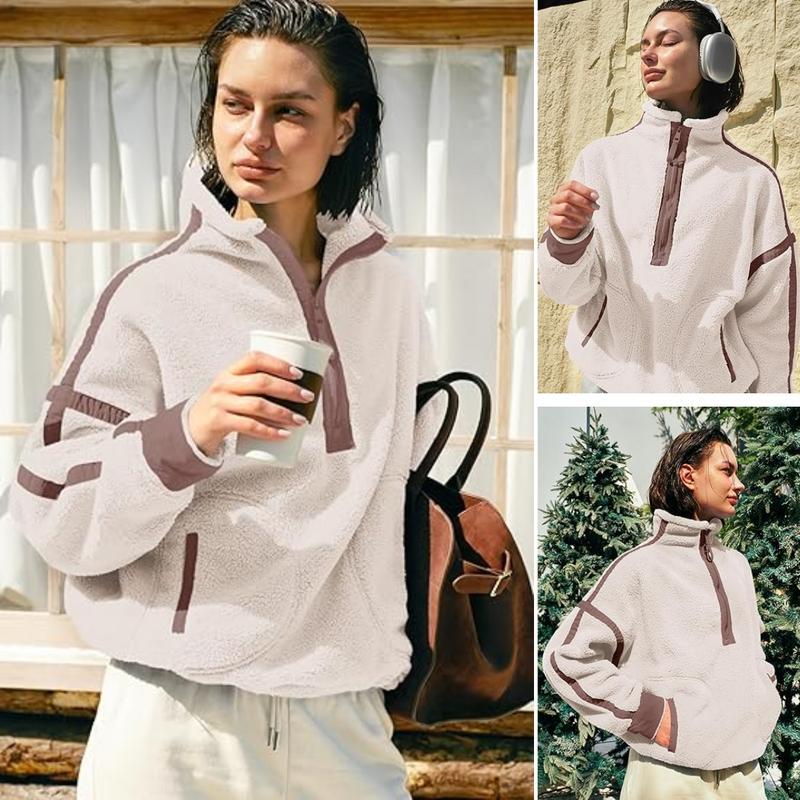 Women's Half Zip Sherpa Fleece Pullover – Color Block Oversized Cozy Sweatshirt with Pockets