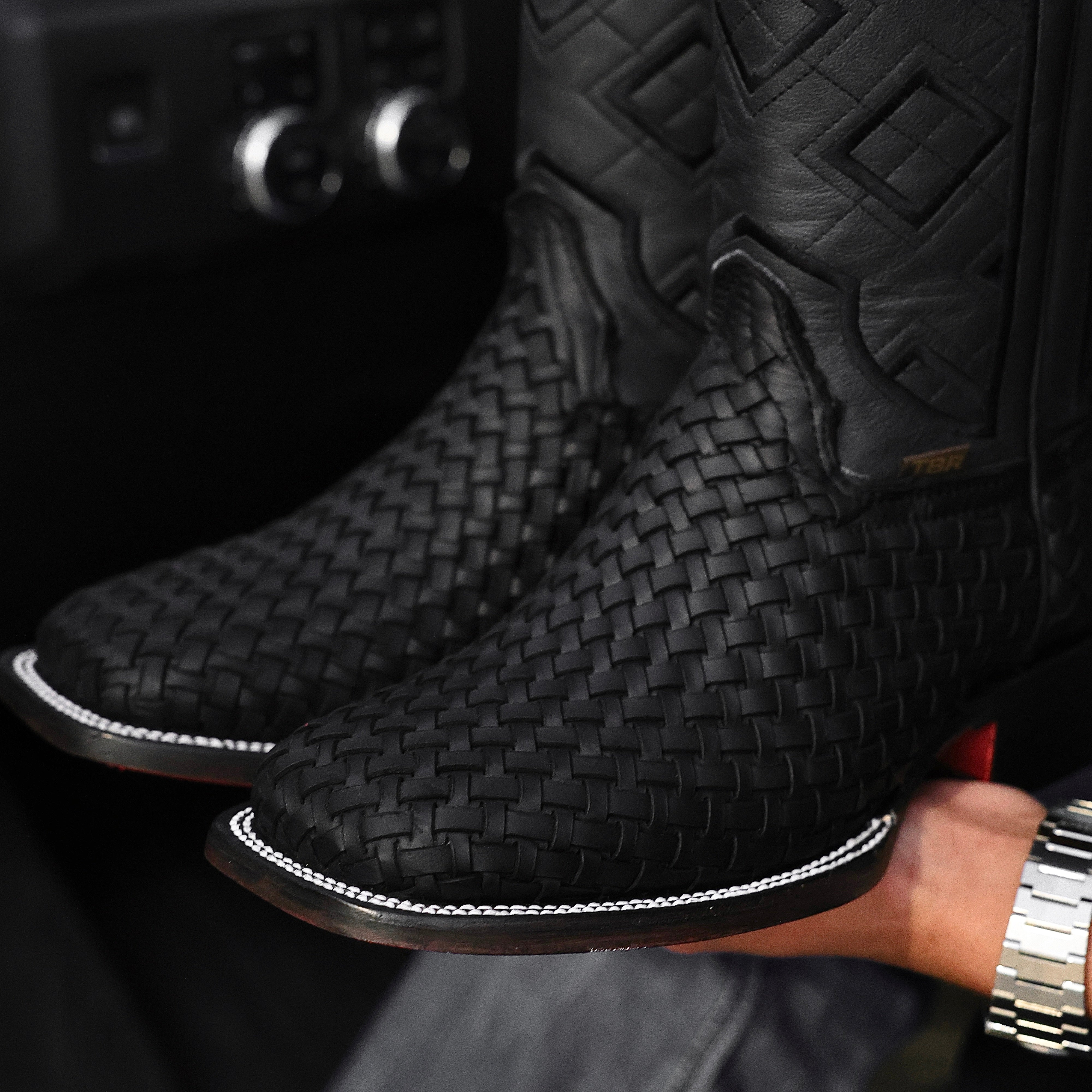 Black Basketweave Leather Boots- Square Toe