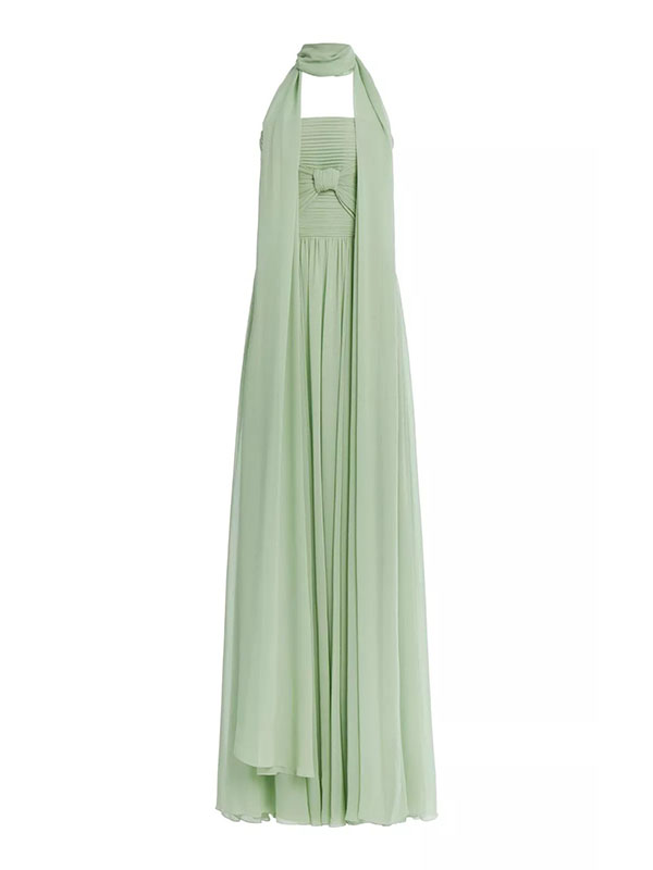 Solid Color Pleated Sleeveless Tube Vacation Chiffon Maxi Dresses