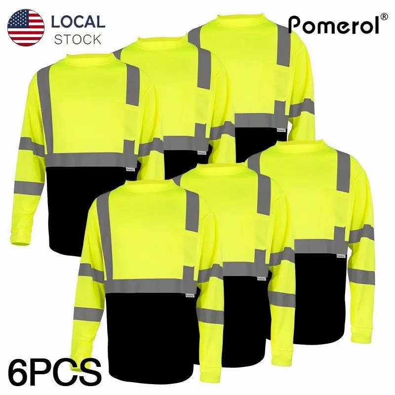3/6-Pack High Vis Safety Long Sleeve | Reflective & Breathable Work T-Shirts with Pocket for Construction, Warehouses, Outdoor Work, Night Fishing