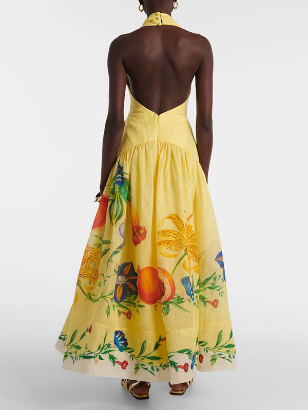 Flower Printed Sleeveless Halterneck Deep V-Neck Maxi Dresses