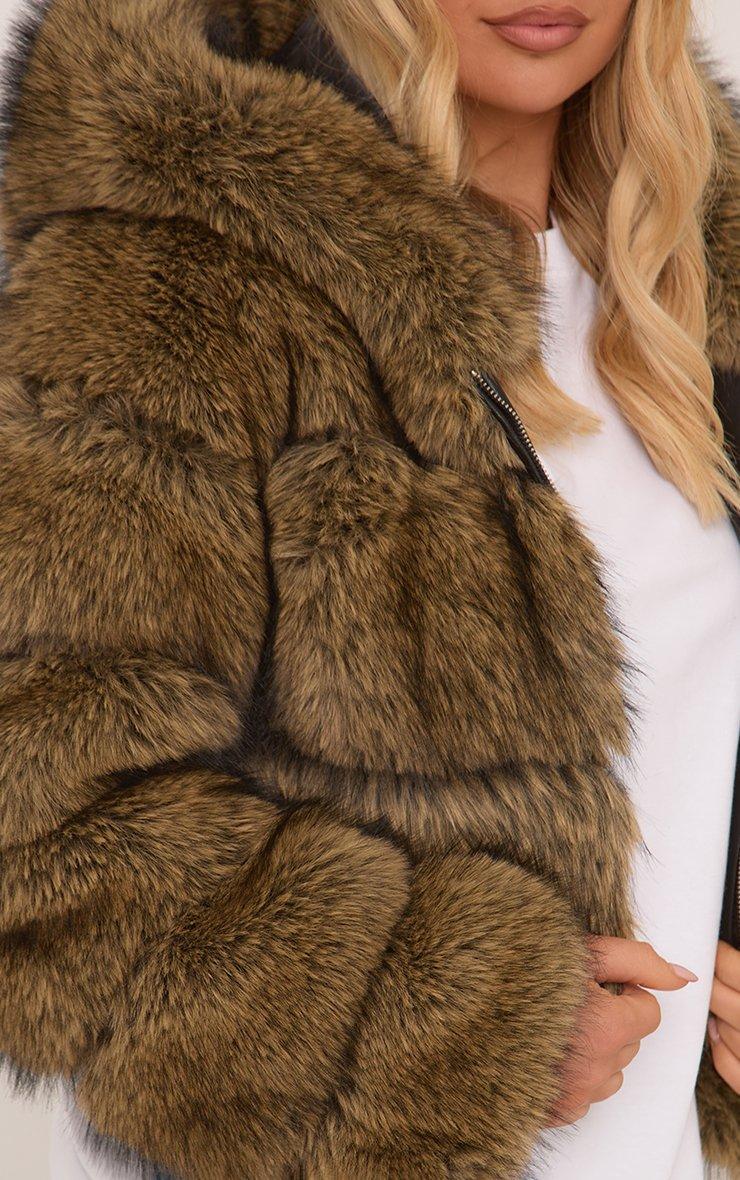 Hooded Cropped Puffer Coat In Brown Faux Fur